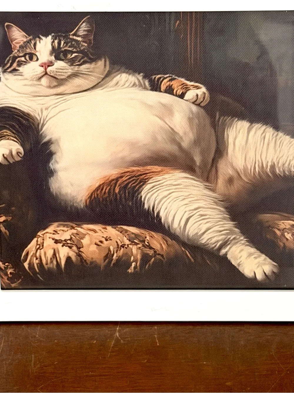 Fat Cat on Couch Quirky Canvas Art Print White Framed Weird Wall Hanging Art